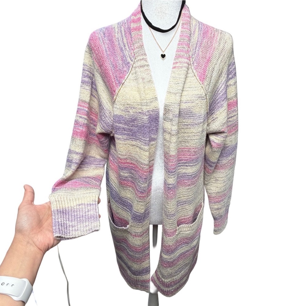 Lucky Brand Pastel Rainbow Striped Long Cardigan Women Large Coquette Boho Y2K